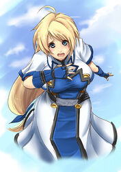  ahoge blonde_hair blue_eyes blush breasts commentary_request female fingerless_gloves genderswap_(mtf) gloves guilty_gear homura_(haku89) huge_breasts ky_kiske kyko long_hair photoshop_(medium) rule_63 solo tabard 