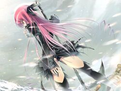  ass bad_id bad_link black_panties blood bow buddy_(megiddo) drill_hair dutch_angle female from_behind game_cg goth_fashion gothic_lolita hairbow ice karen_(artist) kimi_ga_yobu_megiddo_no_oka_de lolita_fashion long_hair panties pink_hair polearm scythe snow solo spear thighhighs underwear upskirt weapon wind 