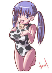  animal_print bad_id bad_pixiv_id badbamboo bell blue_eyes blue_hair cow_print cowbell female kneeling long_hair one-piece_swimsuit original photoshop_(medium) solo swimsuit tongue twintails 