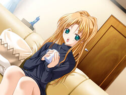  2000s_(style) blonde_hair cup dutch_angle female floralia game_cg green_eyes imageboard_desourced long_hair masaharu mug non-web_source sannomiya_yukari solo sweater 