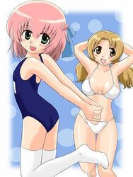  2girls arms_up bikini blush borrowed_character brown_eyes brown_hair cameltoe commentary_request flat_chest green_eyes marison_(aono107) multiple_girls nemuro_nao_(character) one-piece_swimsuit open_mouth original pink_hair school_swimsuit short_hair side-tie_bikini_bottom smile sorachi_sora string_bikini swimsuit thighhighs twintails 