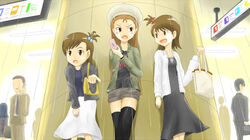  3girls bad_id bad_pixiv_id bag beret brown_eyes brown_hair casual cellphone futami_ami futami_mami hair_bobbles hair_ornament handbag hat idolmaster idolmaster_(classic) idolmaster_1 minase_iori multiple_girls neri_gozu phone red_eyes shopping siblings sisters thighhighs twins 