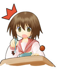  brown_hair chopsticks commentary_request female food highres kusakabe_misao lucky_star meatball nashigami_tsubute oerba_yun_fang open_mouth photoshop_(medium) short_hair solo surprised 