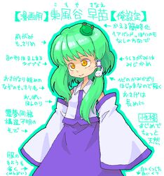  3: detached_sleeves female frog_hair_ornament green_hair hair_ornament hair_tubes kochiya_sanae long_hair oekaki roku_(warrock) single_hair_tube sleeves_past_wrists snake_hair_ornament solo touhou translation_request wide_sleeves yellow_eyes |_| 