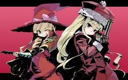  2girls ;) blonde_hair blue_eyes blunt_bangs bow christmas doctor_magus doctor_magus_4 dress drill_hair duplicate fur_hat green_eyes gun gunner_(sekaiju) gunner_2_(sekaiju) hat long_sleeves looking_at_viewer multiple_girls oekaki one_eye_closed pink_bow pixel-perfect_duplicate red_background red_dress sekaiju_no_meikyuu sekaiju_no_meikyuu_2 simple_background smile twin_drills twintails ume_(datsuryokugen) weapon witch_hat 