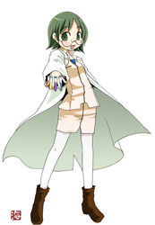  boots female full_body glasses green_hair lab_coat lyrical_nanoha mahou_shoujo_lyrical_nanoha_strikers mariel_atenza open_mouth pantyhose pencil_skirt short_hair simple_background skirt solo standing test_tube uniform wadatsumi_garland white_pantyhose 