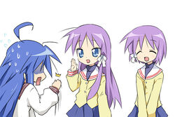  3girls ahoge bad_id bad_pixiv_id clannad company_connection cosplay fujibayashi_kyou fujibayashi_kyou_(cosplay) fujibayashi_ryou fujibayashi_ryou_(cosplay) hiiragi_kagami hiiragi_tsukasa hikarizaka_private_high_school_uniform izumi_konata kyoto_animation long_hair lucky_star maruki_(punchiki) multiple_girls ryouou_school_uniform school_uniform serafuku siblings sisters surprised sweat twins waving 