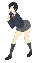  bad_id bad_pixiv_id bent_over black_hair blazer female grey_eyes jacket kneehighs loafers necktie original sakatsuki school_uniform shoes short_hair skirt socks solo standing 