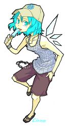  alternate_costume aqua_eyes aqua_hair bare_shoulders baseball_cap blue_eyes blue_hair bracelet casual chains character_name cirno contemporary female food hand_in_pocket hat hyakko jewelry kageyama_kitsune necklace oekaki parody popsicle roku_(warrock) sandals shorts solo tank_top touhou wings wristband 