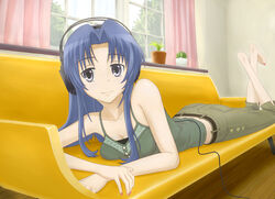  bare_shoulders barefoot blue_eyes blue_hair breasts cactus cleavage commentary_request couch female gebo headphones kawashima_ami long_hair medium_breasts nail_polish pink_nails solo tank_top toradora! 