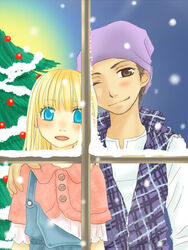  1boy artist_request blonde_hair blue_eyes blush bokujou_monogatari christmas claire_(bokujou_monogatari) dark_skin female hat kai_(bokujou_monogatari) long_hair short_hair snow window 