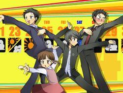  3boys :d adachi_tooru black_hair chiizu_ochaduke commentary_request doujima_nanako doujima_ryoutarou female fighting_stance get_down_(meme) lolicon long_sleeves meme multiple_boys narukami_yuu open_mouth outstretched_arms pants persona persona_4 short_hair simple_background smile standing twintails yellow_background 