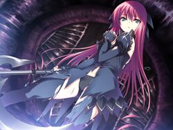  bad_id bad_link black_panties blue_eyes buddy_(megiddo) detached_sleeves dutch_angle female game_cg goth_fashion hair_ribbon injury karen_(artist) kimi_ga_yobu_megiddo_no_oka_de long_hair midriff open_clothes open_shirt panties pink_hair ribbon scythe shirt solo thighhighs torn_clothes underwear very_long_hair weapon 