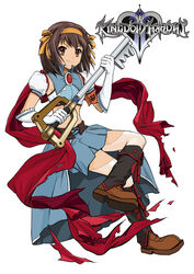  &gt;:) armband blue_skirt boots brown_eyes brown_footwear brown_hair commentary_request female gloves hairband keyblade kingdom_hearts kingdom_key looking_at_viewer medium_hair midriff parody photoshop_(medium) shuuki_(kinsei) simple_background skirt smile solo superheroine_haruhi suzumiya_haruhi suzumiya_haruhi_no_tomadoi suzumiya_haruhi_no_yuuutsu thighhighs v-shaped_eyebrows white_background white_gloves white_thighhighs yellow_hairband 