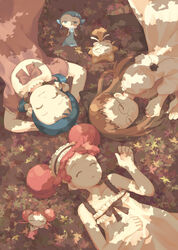  3girls arms_behind_head bare_arms bare_shoulders blue_hair bow brown_bow brown_dress brown_hair closed_eyes closed_mouth collarbone commentary_request dappled_sunlight dodo_(ojamajo_doremi) double_bun dress fairy from_above fujiwara_hazuki glasses hair_bun hand_on_own_stomach harukaze_doremi headdress leaf long_hair long_sleeves lying mimi_(ojamajo_doremi) mini_person minigirl moai_(aoh) multiple_girls ojamajo_doremi on_back on_side photoshop_(medium) pink_hair rere_(ojamajo_doremi) senoo_aiko shade short_hair sleeping sleeveless sleeveless_dress smile sunlight white_dress 