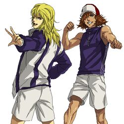  2boys bad_id bad_pixiv_id baseball_cap blonde_hair coat hat hirakoba_rin jewelry male_focus multiple_boys necklace oekaki orange_hair sakatsuki school_uniform shorts tennis_no_ouji-sama yuujirou_kai 