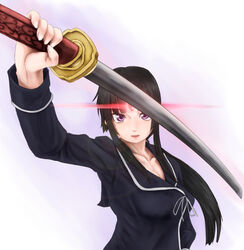  bad_id bad_pixiv_id black_hair commentary_request female ga-rei ga-rei_zero isayama_yomi katana long_hair purple_eyes scharfschutze school_uniform solo sword weapon 