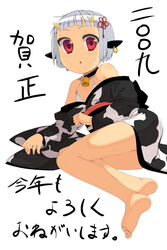  2009 animal_ears animal_print bad_id bad_pixiv_id barefoot bell black_kimono choker copyright_request cow_ears cow_print feet female flat_chest horns japanese_clothes kimono kotoyoro lesskiss neck_bell new_year red_eyes short_hair solo translated 