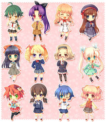  6+girls ^_^ ahoge aqua_eyes black_hair blonde_hair blue_eyes blue_hair blush braid brown_eyes brown_hair chibi closed_eyes commentary_request dress drill_hair gimei glasses green_eyes green_hair hair_ornament hairband hat long_hair miniskirt multiple_girls original pantyhose pink_hair ponytail purple_eyes purple_hair red_eyes red_hair ribbon school_uniform short_hair short_twintails skirt smile twintails yellow_eyes 