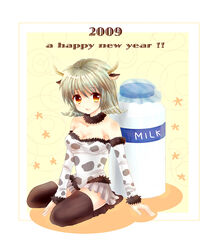  2009 animal_ears animal_print bad_id bad_pixiv_id brown_eyes cow_print female fuchida_kazuhiro grey_hair horns kneeling milk new_year no_nose original solo thighhighs zettai_ryouiki 