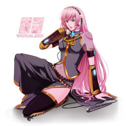  arm_support bad_id bad_pixiv_id female green_eyes long_hair megurine_luka microphone pink_hair sitting solo thighhighs vocaloid wii_hola 