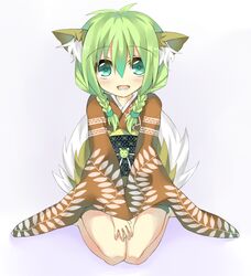  animal_ears braid commentary_request fangs female fox_ears fox_tail green_hair hair_over_shoulder japanese_clothes kimono original saitou_kon seiza shingetsu_takehito sitting smile solo tail twin_braids 