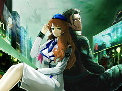  1boy bad_id bad_pixiv_id black_hair brown_hair catherine_glass city couple female green_eyes hat jacket macross macross_frontier military military_uniform n.u.n.s. ozma_lee photoshop_(medium) realistic s.m.s. science_fiction shinneko sitting spacecraft straight uniform 