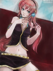  bad_id bad_pixiv_id bare_shoulders crop_top female headphones kno_(anahita) long_hair megurine_luka midriff navel pink_hair ruffling_hair sitting solo thighhighs vocaloid 