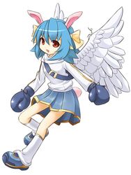  angel_wings animal_ears backpack bag blue_hair boxing_gloves commentary_request female hairband hood hoodie lina_(trickster) loose_socks open_mouth rabbit_ears rabbit_tail red_eyes skirt socks solo tail trickster_(ntreev_soft) tsuukounin_(pixiv_39749) wings 