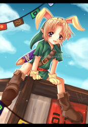  1boy animal_ears blonde_hair blue_eyes boots bunny_hood_(zelda) commentary_request festival link male_focus photoshop_(medium) pointy_ears rabbit_ears sitting solo string_of_flags the_legend_of_zelda the_legend_of_zelda:_majora&#039;s_mask watermark zaphk 