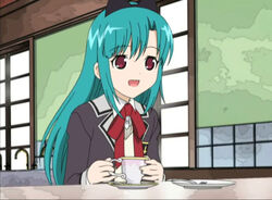  anime_screenshot aqua_hair cup female hayama_kotono saint_october solo teacup 