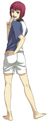  1boy bad_id bad_pixiv_id barefoot gym_uniform hand_on_own_hip looking_back male_focus mukahi_gakuto red_hair sakatsuki shorts solo tennis_no_ouji-sama v white_shorts 