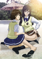  2girls ass barefoot beach black_hair brown_eyes brown_hair clothes_lift commentary_request feet glasses highres kaminagi_ryouko kneeling long_hair maihama_minami_high_school_uniform misaki_shizuno multiple_girls panties pantyshot photoshop_(medium) purple_eyes sand school_uniform short_hair skirt skirt_lift sock_dangle sock_pull socks soles tooo underwear water zegapain 