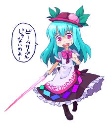  aqua_hair blue_hair blush female food fruit gundam hat hinanawi_tenshi long_hair oekaki parody peach red_eyes roku_(warrock) solo sword sword_of_hisou touhou translated weapon 