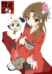  2009 2girls :d :o amatsuka_asahi amatsuka_hikaru animal_costume baby_princess bag bell brown_eyes brown_hair collar commentary_request cow_costume flower green_eyes hair_flower hair_ornament japanese_clothes kimono kusaka_souji long_hair mini_person minigirl multiple_girls neck_bell new_year open_mouth sandals simple_background sitting smile socks white_background zouri 