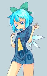  :&gt; blue_eyes blue_hair bow casual cirno clothes_writing female green_bow hairbow ice ice_wings looking_down mayonnaise naked_shirt no_pants oekaki oversized_clothes roku_(warrock) shirt solo t-shirt touhou wings 