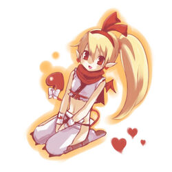  artist_request bat_wings blonde_hair bow cosplay demon_girl disgaea female flonne flonne_(fallen_angel) kunoichi_(disgaea) kunoichi_(disgaea)_(cosplay) long_hair makai_senki_disgaea makai_senki_disgaea_2 pointy_ears red_eyes red_wings seiza sitting solo tail tail_bow tail_ornament wings 