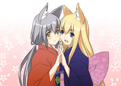  2girls animal_ears date_(senpen) fox_ears gyokuyou japanese_clothes kimono multiple_girls tenko_kuugen wagaya_no_oinari-sama 