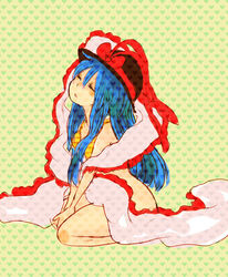  bad_id bad_pixiv_id blue_hair bottomless bra chiri_(o9o9) closed_eyes cosplay female hat hinanawi_tenshi lingerie long_hair nagae_iku nagae_iku_(cosplay) scarf solo touhou underwear 