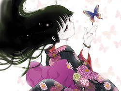  black_hair black_kimono blunt_bangs bow bracelet bug butterfly commentary_request enma_ai female hime_cut japanese_clothes jewelry jigoku_shoujo kimono long_hair red_eyes solo yoiyoi 