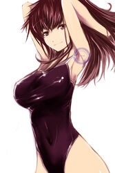  armpits arms_up breasts brown_eyes brown_hair commentary_request female highres kae_(artist) large_breasts long_hair misaki_shizuno one-piece_swimsuit skin_tight solo swimsuit zegapain 