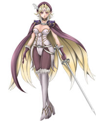  1041_(toshikazu) beret boots breasts cape cleavage commentary_request elf facial_mark female forehead_mark hat large_breasts pantyhose photoshop_(medium) pointy_ears purple_eyes scheherazade_(soulcalibur) solo soulcalibur soulcalibur_iv sword thighhighs weapon 