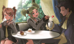  1boy 2girls cake closed_eyes commentary_request cup droite_(tales) eating food fork fruit gauche_(tales) green_eyes green_hair happy indoors motsu_rebaa multiple_girls necktie open_mouth pastry photoshop_(medium) red_eyes red_hair short_twintails skirt strawberry tales_of_(series) tales_of_vesperia tea twintails yeager_(tales) 