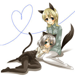  2girls animal_ears black_pantyhose blue_eyes cat_ears cat_girl cat_tail commentary_request eila_ilmatar_juutilainen fox_ears fox_girl fox_tail green_eyes military military_uniform multiple_girls pantyhose photoshop_(medium) sanya_v._litvyak spica_(clover4) strike_witches tail uniform white_pantyhose world_witches_series yuri 