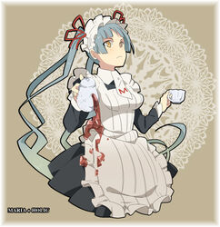  blue_hair commentary_request female hairband hayato_(meromoni) long_hair maid maria_holic pouring ribbon shinouji_matsurika solo spill tea twintails yellow_eyes 