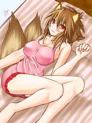  animal_ears barefoot bed black_panties blush breasts brown_hair female fox_(trickster) fox_ears fox_tail glasses large_breasts lingerie lying nightgown orange_eyes panties pantyshot solo tail trickster_(ntreev_soft) tsuukounin_(pixiv_39749) underwear upskirt 