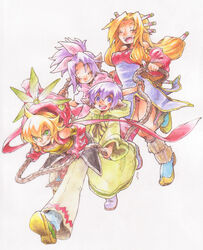  2boys 2girls blonde_hair brother_and_sister bud_(lom) commentary_request imu_(lom) legend_of_mana lisa_(lom) mihoka multiple_boys multiple_girls painting_(medium) purple_hair robe seiken_densetsu siblings toto_(lom) traditional_media watercolor_(medium) 