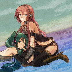  2girls bad_id bad_pixiv_id boots detached_sleeves green_hair hatsune_miku kneeling kno_(anahita) long_hair megurine_luka multiple_girls pink_hair thighhighs twintails vocaloid 