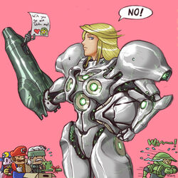  4boys armor assault_visor bandana blonde_hair blue_eyes box cardboard_box chibi commentary crossover english_commentary english_text facial_hair female gift glasses halo_(series) hat helmet james_chung kaze_no_klonoa klonoa light_suit_(metroid) mario mario_(series) master_chief metal_gear_(series) metal_gear_solid_4:_guns_of_the_patriots metroid metroid_prime_2:_echoes moustache multiple_boys multiple_crossover note old_snake photoshop_(medium) rejection running samus_aran simple_background solid_snake spartan_(halo) speech_bubble super_mario_bros._1 sweatdrop tears unworn_headwear unworn_helmet white_visor |_| 