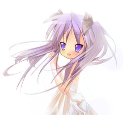  bad_id bad_pixiv_id blue_eyes bridal_gauntlets bride dress female frills hair_ribbon hiiragi_kagami lace long_hair lucky_star open_mouth ouki purple_hair ribbon simple_background smile solo tsurime twintails wedding_dress wind 